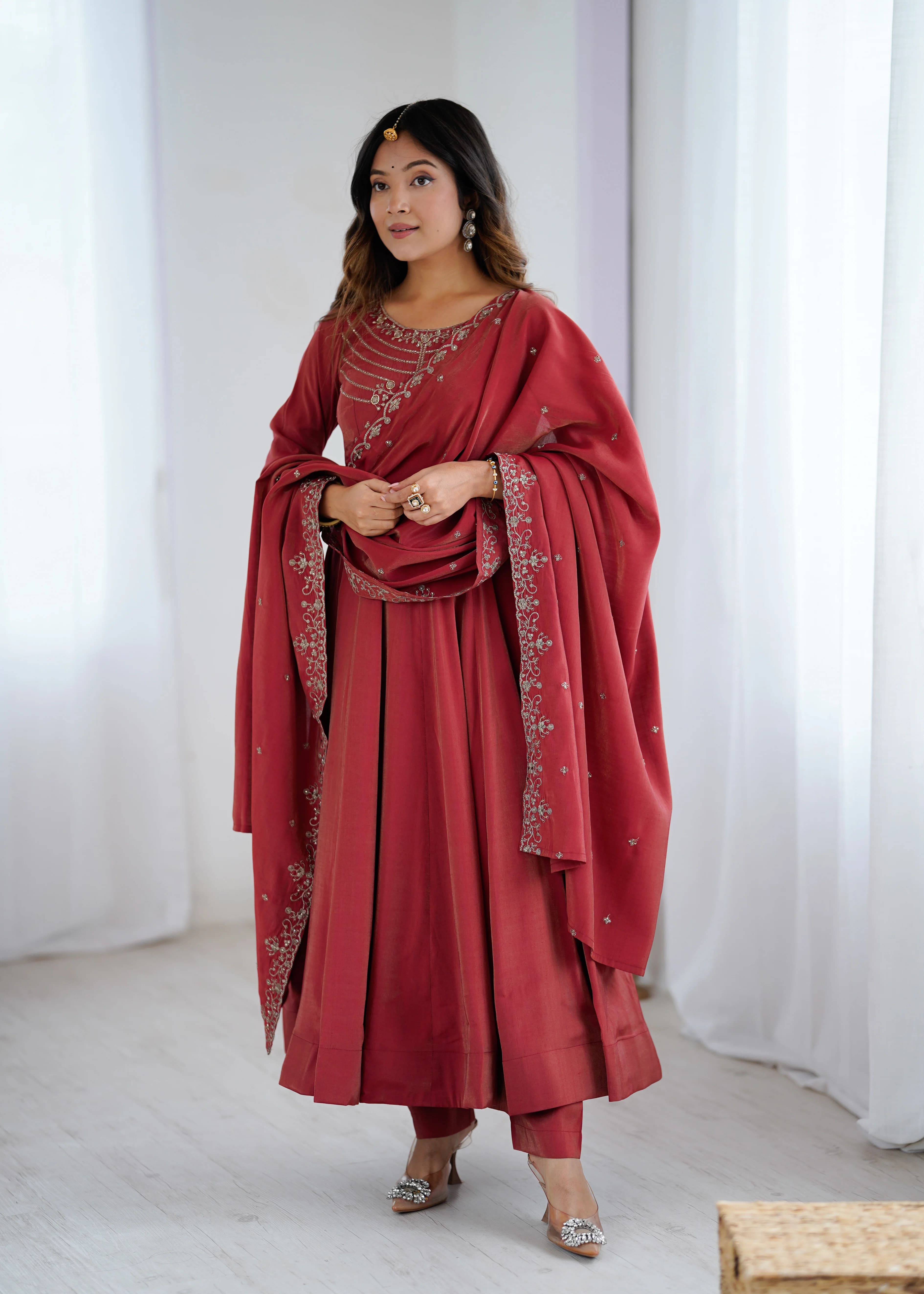Roman Shimmer Chanderi Silk Handwork Beads Work Anarkali Gown Pant Set With Dupatta