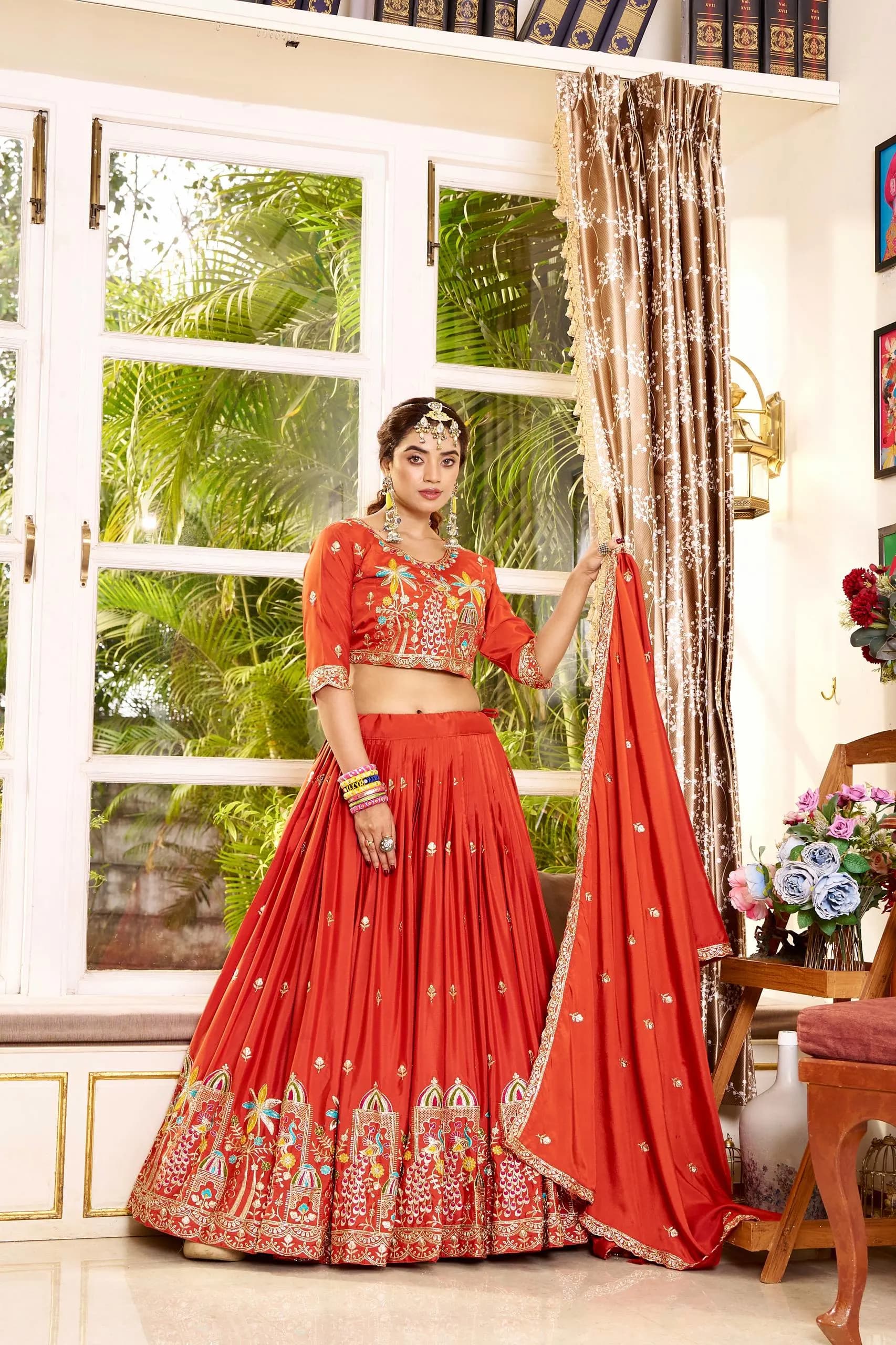 Pure Crepe Silk Lehenga Choli Set With Embroidery Sequence Thread Work Dupatta