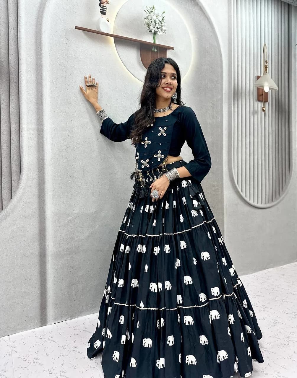 Black Navratri Special Cotton Lehenga Choli With Heavy Hand Work And Ribbon Work Set