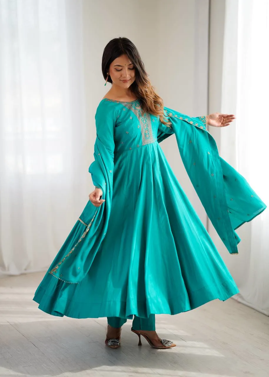 Roman Chanderi Silk Handwork Beads Work Anarkali Gown Pant Set With Dupatta