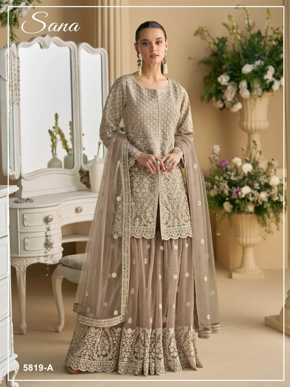 Designer Multi Thread Jari Embroidery Heavy Net Silk Kurti Plazzo With Chain Sequence Work Attached Crepe Inner Dupatta Set