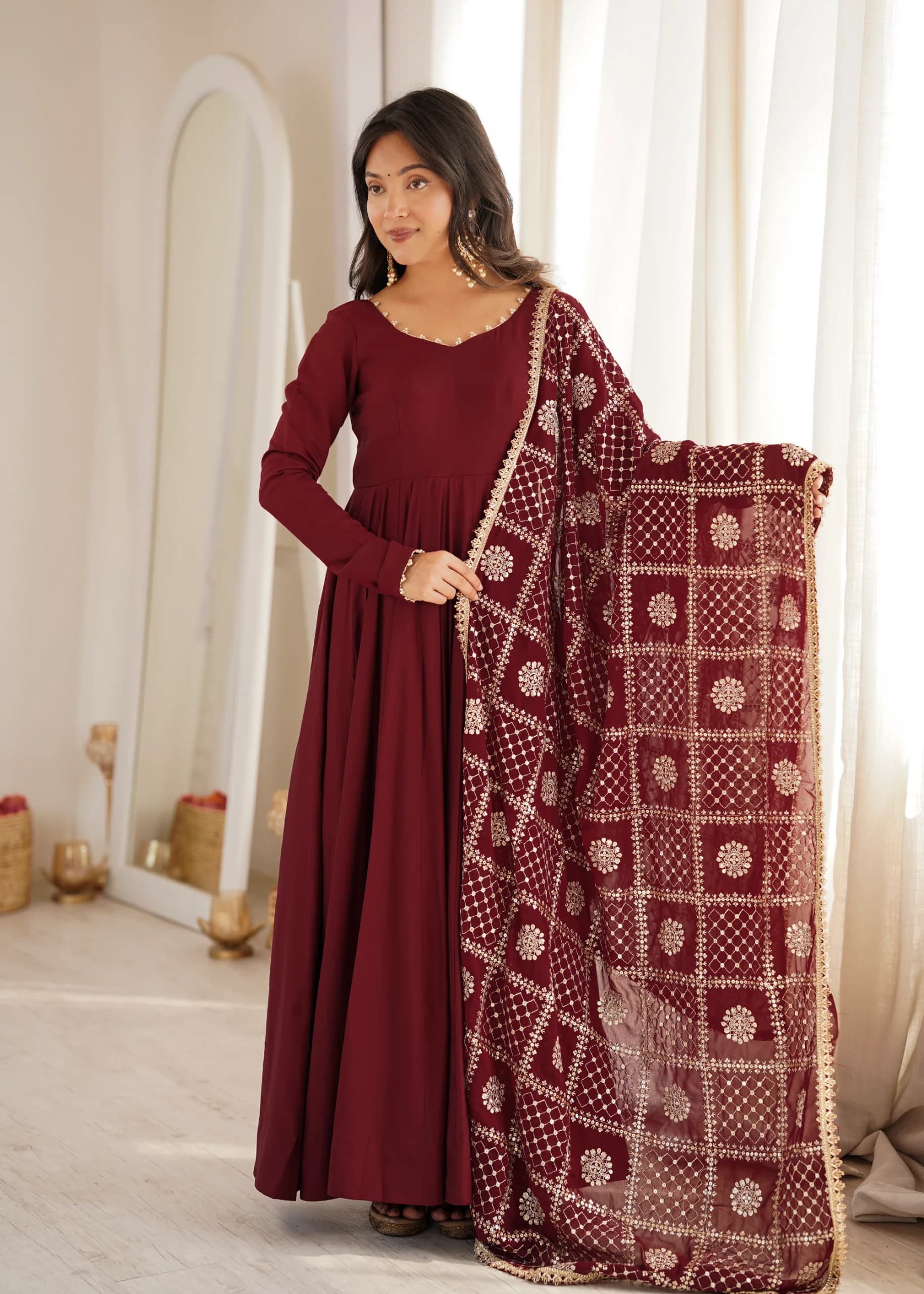 Chanderi Anarkali Gown Pant Set With Fox Georgette Sequence Dupatta