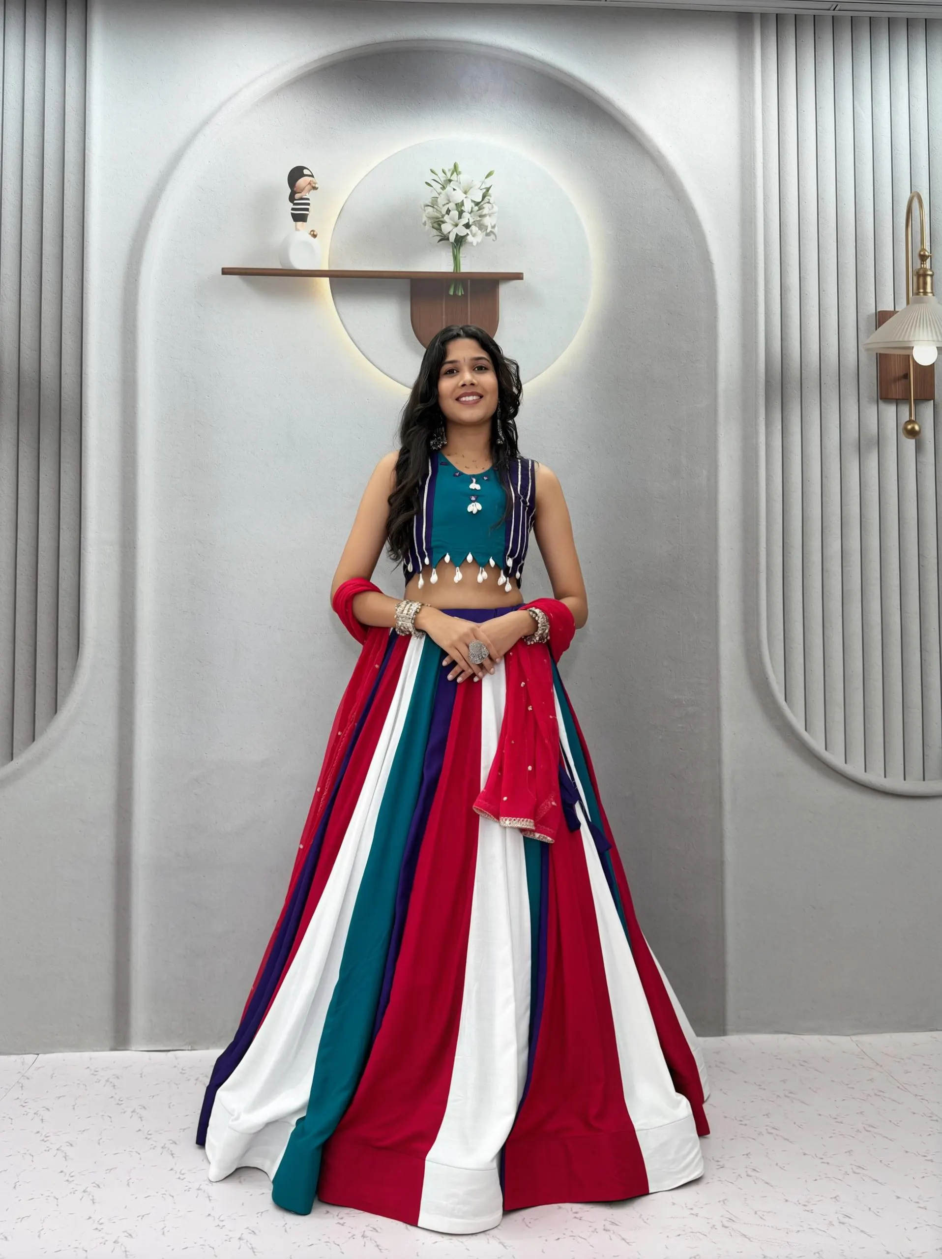 Multi Color Kali Pure Cotton Hand Mirror Work Lehenga Choli Set With Najmin Dupatta