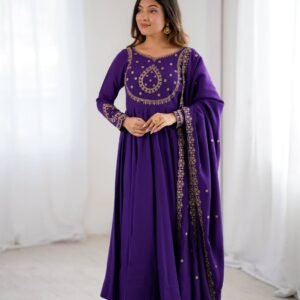 Roman Chanderi Silk Handwork Beads Work Anarkali Gown Pant Set With Dupatta