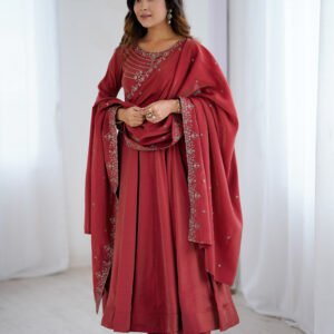 Roman Shimmer Chanderi Silk Handwork Beads Work Anarkali Gown Pant Set With Dupatta