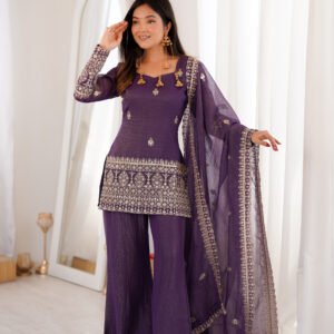 Mauve Purple Crunchy Silk Embroidery Sequence Jari Work Kurta Bell Bottom Pant Set With Dupatta
