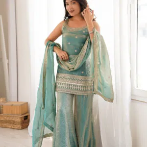 Frendy Silk Embroidery Sequence Jari Work Kurta Bell Bottom Pant Set With Dupatta